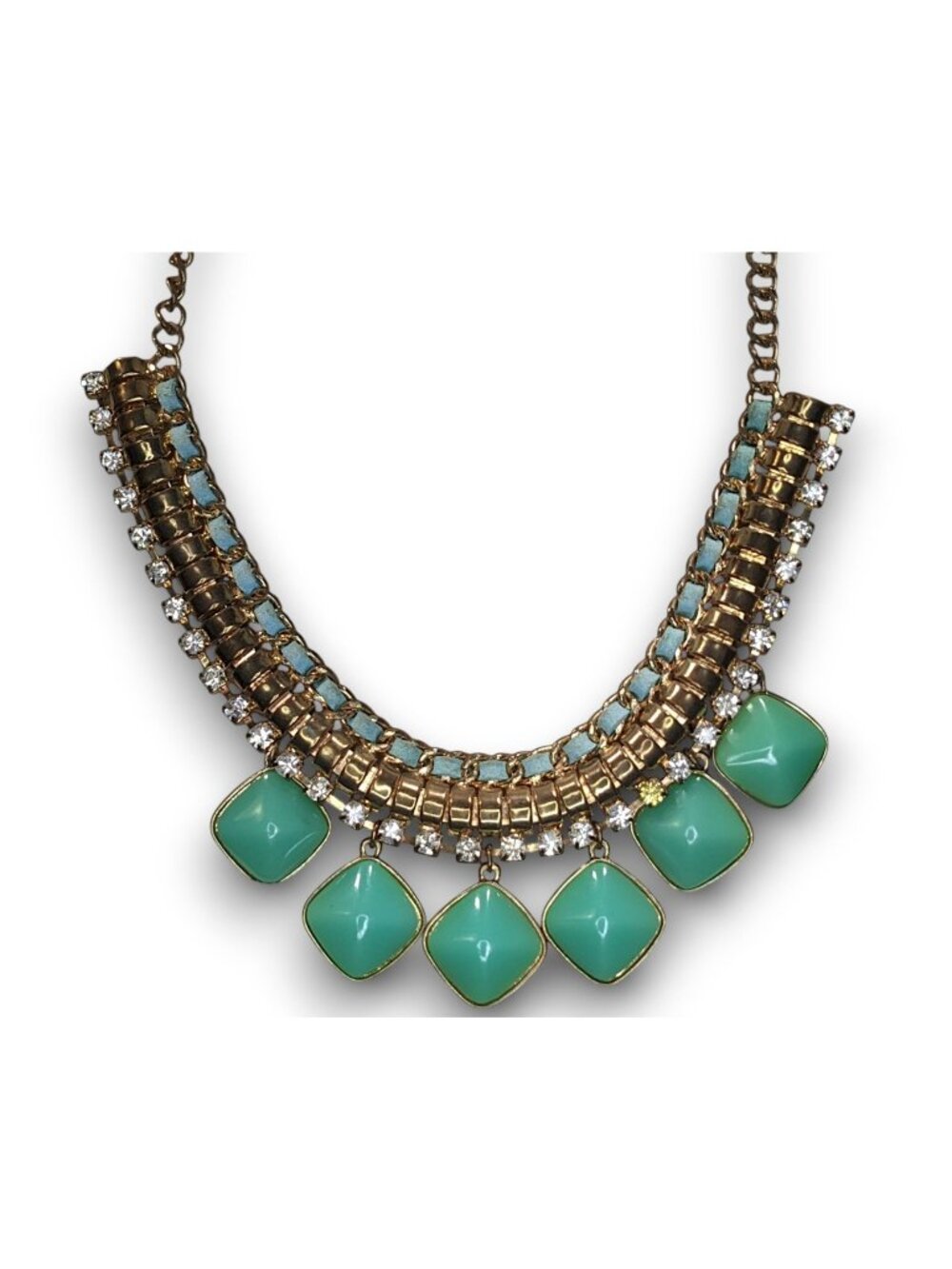 Boho Statement Mixed Metal Green Rhinestone Bib Necklace 16 Inch Worn